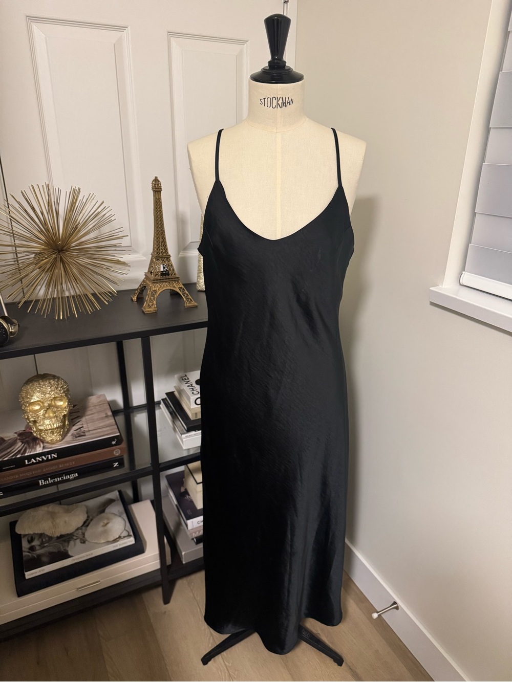Oak + Fort Black Satin Slip Dress with Spaghetti Straps
